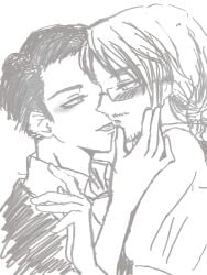 blush blush_lines boys_love clothed facial_hair glasses gregor_(limbus_company) greyscale intimate kissing limbus_company male males_only meursault_(limbus_company) monochrome not_ai_generated project_moon shy shy_male side_view sketch tied_hair tongue_kiss tongue_out yaoi