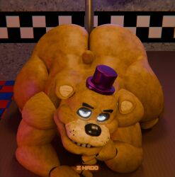 2025 3d_(artwork) all_fours animatronic anthro ass bear big_butt black_nose blue_eyes clothing digital_media_(artwork) english_description five_nights_at_freddy's fredbear_(fnaf) front_view fur glowing glowing_eyes hat headgear headwear hi_res machine male mammal overweight overweight_anthro overweight_male pole purple_clothing purple_hat purple_headwear robot scottgames small_tail solo solo_male tail thick_thighs whisker_spots yellow_body yellow_fur z_hado
