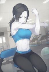 ai ai_generated bare_shoulders black_hair blush bra breasts chair cleavage closed_mouth clothing colored_skin crop_top exercise female female grey_eyes gym indoors large_breasts long_hair looking_at_viewer medium_breasts midriff navel original pale_skin pants ponytail sitting solo sports_bra sportswear stretching sweat tank_top tight trainer_(wii_fit) underwear weights wet white_skin wii_fit wii_fit_trainer yoga_pants