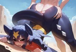 1boy 1boy1girl 1girls ahe_gao ai_generated ass ass_grab bent_over big_ass big_breasts black_sclera blush breasts clothed clothed_sex desert face_down_ass_up fang female female_focus gamefreak garchomp jack-o_pose large_ass large_breasts monster_girl motion_lines nintendo oerba_yun_fang outdoors outside periph pokemon pokemon_(species) pussy ripped_clothing sex sex_from_behind solo_focus tail torn_clothes vagina yellow_eyes