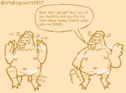 anthro artist_name avian beak bird bodily_fluids breasts cheap_cheap_the_cooking_chicken chicken cum digital_drawing_(artwork) digital_media_(artwork) english_text erection feathers female galliform gallus_(genus) genital_fluids genitals hi_res looking_at_viewer nipples nude open_mouth parappa_the_rapper penetration penis phasianid pussy sex simple_background smile smokyquartz1917 solo sony_corporation sony_interactive_entertainment tail text wings