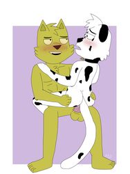 2013 2018 anthro artist balls blush canine dalmatian ding erection feline fur invalid_tag knot male mammal nude penis sex simple_background smile thick_thighs white_background yaoi young