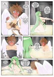 age_difference angel brown_hair comic dialogue fanfiction goddess green_hair hot_spring inusen kid_icarus kid_icarus_uprising long_hair nintendo nude palutena pit pit_(kid_icarus) short_hair tagme wings