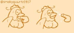 anthro artist_name avian balls bird bodily_fluids breasts cheap_cheap_the_cooking_chicken cum digital_drawing_(artwork) digital_media_(artwork) english_text female galliform genital_fluids genitals hi_res nipples nude parappa_the_rapper penis simple_background smile smokyquartz1917 solo sony_corporation sony_interactive_entertainment text