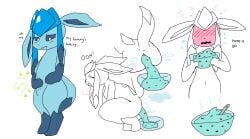 ambiguous_gender anthro anus ass blue_body blue_fart_cloud blue_fur blue_sclera blush blushing_profusely bodily_fluids bowl breath closed_eyes container crouching cutlery dipstick_tail eeveelution ellipsis english_text fart fart_cloud feces feces_in_bowl female female_(lore) flying_sweatdrops fur generation_4_pokemon glaceon gloves_(marking) hi_res holding_bowl holding_container holding_object holding_stomach ice_cream_feces katie_(theonetruesinner) kitchen_utensils leg_markings looking_down_at_self markings narrowed_eyes nintendo open_mouth pokemon pokemon_(species) pooping_in_container raised_tail rumbling_stomach scat simple_background socks_(marking) solo spoon standing sweat sweatdrop tail tail_markings talking_to_self talking_to_viewer text theonetruesinner tools unusual_feces white_background white_eyes