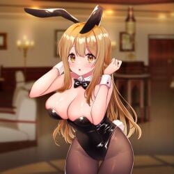 1girls :o blush bow bowtie breasts brown_eyes brown_hair bunny_ears bunny_girl bunny_tail bunnysuit cleavage clothed female female_focus indie_virtual_youtuber indoors large_breasts latex latex_clothing long_hair nekoha_neru playboy_bunny revealing_clothes solo solo_focus tail thighs virtual_youtuber vtuber wrist_cuffs