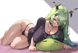 ai_generated antlers black_shirt ceres_fauna ceres_fauna_(goth_costume) female glasses green_hair hololive hololive_english huge_breasts long_hair saplings_(ceres_fauna) thighs virtual_youtuber wide_hips