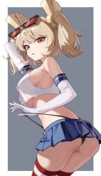 1girl absurdres ass black_panties blonde_hair blue_skirt border breasts burnice_white commentary_request cosplay crop_top elbow_gloves eyewear_on_head from_side gloves grey_background highleg highleg_panties highres kantai_collection korean_commentary large_breasts microskirt panties ppangchil red_eyes shimakaze_(kancolle) shimakaze_(kancolle)_(cosplay) short_hair skirt solo striped_clothes striped_thighhighs thighhighs thighs twintails underboob underwear upskirt white_border white_gloves zenless_zone_zero