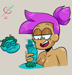 1boy 1girls alien antennae_(anatomy) blush breasts cartoon_network cum cumming enid erection exposed_penis female grabbing_penis green_hair green_pubic_hair grey_background half-closed_eyes handjob happy_sex hetero ican-t-get-no-satisfaction interspecies medium_breasts motion_blur ok_k.o.!_let's_be_heroes penis penis_grab penis_milking pointy_ears purple_hair radicles simple_background straight tusk uncensored veiny_penis wholesome_sex