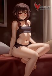1girls 2d ai_generated ass back bare_shoulders barefoot big_ass bra brown_hair collar erophoenix female female_focus full_body kono_subarashii_sekai_ni_shukufuku_wo long_hair looking_at_viewer megumin pale_skin pale_skinned_female panties patreon_username red_eyes short_hair sitting small_breasts smile soles solo thick thick_thighs uncensored underwear