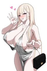 areola_slip bare_shoulders bitch blonde_hair blush breasts cleavage collarbone covered_erect_nipples dress evening_gown female grin highres large_breasts long_hair looking_at_viewer nakamura_misaki nanae nanae_akio original pelvic_curtain pink_eyes smile solo thighs