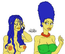 1girls before_and_after blue_hair breasts cellphone cleavage female josemalvado long_hair marge_simpson necklace nipples phone smartphone the_simpsons wiki yellow_skin