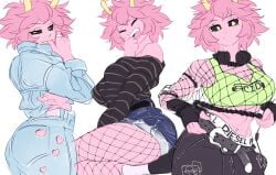 abs arm_warmers belly_button belt black_sclera boku_no_hero_academia closed_eyes denim_clothing denim_jacket eyes_half_open female female_only fishnet_clothing fishnet_legwear fishnet_topwear fishnets headphones heart heart_symbol hi_res holes_in_clothes holic_fz horns jean_shorts jeans kneeling laughing legs mina_ashido my_hero_academia pink_hair pink_skin short_hair simple_background sitting socks spiky_hair suggestive suggestive_look suggestive_pose sweater tank_top thighs thumb_in_mouth torn_jeans white_background yellow_eyes