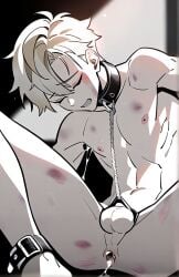 ai_generated ass asshole balls blonde_hair boy collar dick displaying gape gaped_anus gay leash legs male petplay slave spread yaoi