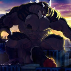 anthro balls big_penis crouching danandnite destruction dinosaur erection horn huge_cock kaiju macro male male_only muscular muscular_male nubbed_penis nude pecs penis solo