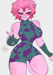 big_breasts big_breasts big_thighs big_titties breasts clothing curvaceous curvaceous_female curvaceous_figure curvy curvy_figure curvy_hips female female_focus female_only fully_clothed looking_at_viewer mina_ashido my_hero_academia pink_body pink_hair pink_skin rubber srpizzooo sweat yellow_eyes