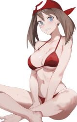 alternate_breast_size bandana bare_arms bare_belly bare_legs bare_shoulders bare_thighs barefoot belly_button big_breasts bikini blue_eyes blush breasts brown_hair cleavage collarbone crossed_legs feet_out_of_frame keiz may_(pokemon) medium_hair parted_lips pokemon red_bikini shiny_skin sitting sweatdrop thighs underboob