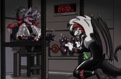 3_fingers 3_toes animal_genitalia animal_penis anthro blush bodily_fluids bondage bondage_chair bondage_furniture canine_genitalia canine_penis claws clothing collar crying_laughing dragon_wings duo feet finger_claws fingers generation_4_pokemon generation_7_pokemon genitals hi_res hybrid hybrid_pokemon jimmycervix latex latex_clothing latex_skinsuit laugh lucario lycanroc male nintendo pawpads paws penis pokemon pokemon_(species) restraints sharp_teeth skinsuit smile smiling_at_another smiling_at_partner sweat sweaty_face sweaty_feet tears teeth tickle_torture tickling tickling_feet tight_clothing timer toe_claws toes unusual_anatomy unusual_genitalia