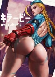 1girls absurd_res armband ass back_cutout blonde_hair blue_eyes blue_leotard bracers cammy_white character_name clothed dat_ass female fingerless_gloves from_behind garrison_cap gloves hat highres huge_ahoge japanese_text leotard low_twin_braids mascara monorirogue muscular muscular_back muscular_thighs paid_reward_available red_gloves ribbed_leotard scar scar_on_cheek solo street_fighter street_fighter_alpha thick_thighs thong_leotard twin_braids very_long_hair