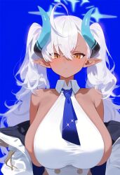 artist_request big_breasts blue_archive blush breasts elf_ears female general_student_council_(blue_archive) halo hi_res highres horn huge_breasts non-canonical_breasts pointed_ears sideboob sumomo_(blue_archive) tanned tanned_skin tie video_game_character