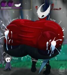 absurd_res anthro big_breasts bodily_fluids breast_expansion breasts clothing expansion female flam3s hi_res hollow_knight hornet_(hollow_knight) huge_breasts hyper hyper_breasts lactating lactating_through_clothing lactation projectile_lactation solo sweat team_cherry text text_emphasis tight_clothing wet wet_clothing