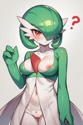 ai_generated ass_visible_through_thighs blush breasts collarbone female gardevoir gen_3_pokemon medium_breasts navel nipples panties pokemon_(creature) pussy red_eyes short_hair solo standing striped underwear