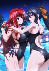 2girls ai_generated akeno_himejima antenna_hair big_ass_(female) big_breasts black_hair_female blue_green_eyes blush breasts_to_breasts crimson_hair_female crossed_bangs curvy_females female females_only grabbing_another's_waist hair_ribbon high_ponytail high_school_dxd huge_ahoge lesbian_couple lesbians light-skinned_female looking_at_each_other loose_hair muaver_ai night orange_ribbon outdoors palm_tree pool rias_gremory smile swimsuit thick_thighs very_long_hair_female very_long_ponytail violet_eyes voluptuous_female wet wide_hipped_female yuri