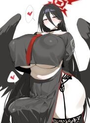 1futa absurdres black_hair black_serafuku black_wings blue_archive breasts bulge covered_nipples erection erection_under_clothes female futanari hair_between_eyes halo hasumi_(blue_archive) heart highres huge_breasts long_hair looking_at_viewer red_eyes red_halo school_uniform serafuku simple_background smile solo spoken_heart tenting thick_thighs thighs underboob white_background wings xipa