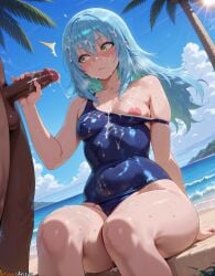 1boy 2025 2boys ai_generated anime anime_style arisua artist_name bangs bare_shoulders beach black_skin blue_hair blue_one-piece_swimsuit blue_sky blush breasts bukkake closed_mouth clothing_aside cloud collarbone covered_navel cum cum_on_body cum_on_breasts cum_on_clothes cum_on_hair curvy curvy_body dark-skinned_male dark_skin day erection facial femboy feminization green_eyes hair_between_eyes handjob hi_res high_quality high_res high_resolution highres interracial lips long_hair male nipples ocean one-piece_swimsuit otoko_no_ko otokonoko outdoors patreon patreon_username penis rimuru_tempest school_swimsuit shiny shiny_skin sitting skindentation sky small_breasts solo_focus straight sun sunlight swimsuit swimsuit_aside tensei_shitara_slime_datta_ken thighs trap tree uncensored watermark