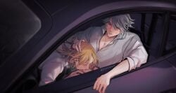 2boys alhaitham_(genshin_impact) alternate_universe blonde_hair blush car car_interior closed_eyes commentary cum cum_in_mouth cum_overflow earrings english_commentary fellatio genshin_impact grey_hair highres jewelry jingle23 kaveh_(genshin_impact) looking_at_another looking_down male male_focus medium_hair motor_vehicle multiple_boys necklace oral penis sex shirt short_hair sweat twitter_username watch white_shirt yaoi
