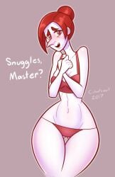 1girls 2017 artist_name artist_signature asking_for_snuggles ass_visible_from_the_front belly belly_button bite_mark blush blushing_at_viewer bra cobatsart cute dialogue female female_focus female_only hair_bun hands_together in_love in_love_with_viewer loving_gaze no_background no_sex oerba_yun_fang pale-skinned_female pale_skin panties pointy_nose purple_pupils red_eyebrows red_hair smiling smiling_at_viewer sweet talking_to_viewer tall_female taller_girl thick_thighs thin_waist vampire vampire_girl vampire_teeth victoria_(cobatsart) wholesome yellow_eyes