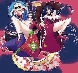 2girls adiane boa_hancock breasts breasts_bigger_than_head clothing dark_hair female female_only high_heels huge_breasts leg_up long_hair one_piece piratebay salome_(one_piece) scorpion_tail snake tengen_toppa_gurren_lagann thick_thighs