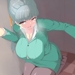 1girls clothed clothed_female clothing female female_focus female_only grey_hair japanese_text large_breasts long_hair original pt sole_female solo solo_female solo_focus sweat