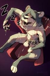 abstract_background anthro arc_rozion bodily_fluids cel_shading chozogoat claws closed_eyes cum cum_drip cum_everywhere cum_on_face cum_on_hand cum_on_leg cum_on_penis digital_media_(artwork) digitigrade dripping excessive_cum excessive_genital_fluids felid fur genital_fluids genitals hand_on_leg hi_res humanoid_genitalia humanoid_penis inside lion male mammal messy nipples pantherine penis shaded sleeping sleeping_nude sleeping_on_chair snoring solo sound_effects vowelless vowelless_sound_effect white_body white_fur zzz