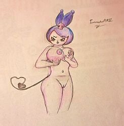 anthro breasts bunny female holding_breast holding_own_breast kuromis_pretty_journey lagomorph leporid onegai_my_melody pussy rabbit romina sanrio slender spade_tail terminatormkii traditional_media_(artwork)