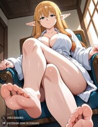 1girls 2025 ai_generated bare_legs barefoot blonde_hair breasts cleavage crossed_legs detailed dress elf female foot_focus foot_out_of_frame gem half-closed_eyes head_rest hi_res illumaru knee_up medium_breasts patreon_username robe serie_(sousou_no_frieren) shiny_skin sitting smirk soles sousou_no_frieren stable_diffusion steam sweat toes yellow_eyes