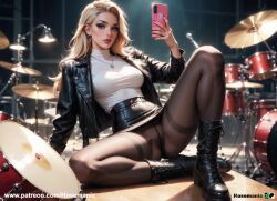 ai_generated blonde_hair boots leather_jacket leather_skirt pantyhose tights