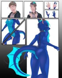 2021 4:5 anthro artist_logo biped black_nose blue_body blue_countershading breast_growth breasts brown_eyes close-up clothed clothed_human clothed_male clothing colored comic countershade_fur countershade_tail countershade_torso countershading dragon female female_anthro frill_(anatomy) front_view fur fur_growth furred_dragon furred_scalie gender_transformation genitals genitals_shrinking green_eyes growth hair hi_res horn human human_to_anthro logo looking_back_at_self low-angle_view male male_human mammal motion_lines mtf_transformation mythological_creature mythological_scalie mythology nipples nude nude_anthro nude_female open_mouth penis penis_shrinking pussy rear_view sackless scalie sekri_(viridri2000) shaded side_view simple_background smile snout snout_growth solo species_transformation standing tail tail_frill tan_hair theeldertrinity three-quarter_view transformation transformation_sequence