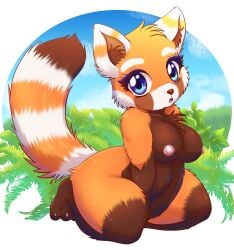 2025 absurd_res ailurid anthro areola biped breasts digital_media_(artwork) docsye eyelashes feet female fur hi_res inner_ear_fluff looking_at_viewer mammal multicolored_body multicolored_fur nipples nude red_panda solo tail toes tuft