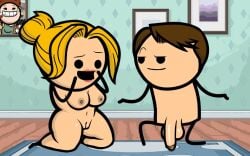 accurate_art_style arms_out black_eyes black_limbs blonde_female blue_carpet boobs brown_hair cyanide_and_happiness diamond_background edited edited_official_artwork fully_nude gasp hair_bun hands_over_face hanging_balls impressed japansadface living_room male male_and_female_focus naked on_knee open_mouth painting_(object) penis pink_lips presenting_ass pussy raised_eyebrow suprised_look white_female white_male wooden_floor