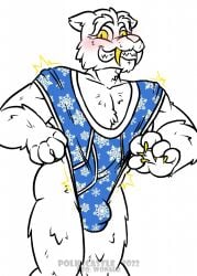 1boy 2020s 2022 5_fingers ass blue_underwear blush bulge clenched_teeth fangs fur furry furry_only legends_of_chima lego male male_only polkscastle simple_background sir_fangar_(legends_of_chima) snowflake_print solo underwear wedgie white_background white_fur wolf yellow_eyes
