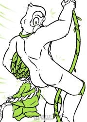 1boy 2020s 2023 accidental_exposure ass back back_view banana dated gorilla gorzan_(legends_of_chima) green_eyes legends_of_chima lego male male_only monochrome polkscastle simple_background solo torn_clothes torn_loincloth vine white_background