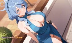 1girls ai_generated ako_(blue_archive) ako_(dress)_(blue_archive) bangs bare_shoulders blue_archive blue_dress blue_eyes blue_hair blush breasts cleavage closed_mouth covered_navel dress earrings female hairband halo jewelry large_breasts long_hair looking_at_viewer mole no_panties patreon pussy smile solo zenaai