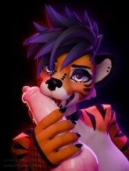 3:4 3d_(artwork) absurd_res alber ambiguous_gender animal_genitalia animal_penis anthro blender_(artwork) bodily_fluids breasts canid canine_genitalia canine_penis choker claws clothing collar digital_media_(artwork) disembodied_penis duo ear_piercing ear_ring erection facial_piercing facial_tuft fangs felid fellatio female fishnet_clothing fur furgonomics furry-specific_piercing genitals hair handwear hi_res holding_penis hyenid_(species) jewelry kat_(softkathrin) knot legwear licking looking_at_viewer makeup male mammal markings muzzle_piercing necklace nose_piercing open_mouth oral pantherine penile penis penis_lick piercing purple_eyes ring_piercing sabertooth_(anatomy) saliva saliva_string sex simple_background smile smirk softkathrin stockings striped_body striped_markings stripes tattoo teeth text thigh_highs tiger tongue tuft url watermark