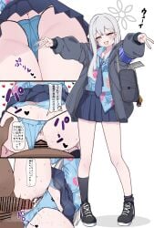 1boy absurdres anus bar_censor black_jacket black_shoes black_socks blue_archive blue_necktie blue_panties blue_skirt censored clothing_aside commentary_request double_v female female_pubic_hair grey_eyes grey_hair grey_halo halo highres jacket k-y konoka_(blue_archive) long_hair male mask mouth_mask multicolored_shirt necktie open_mouth panties panties_aside partial_commentary penis pubic_hair school_uniform shoes simple_background skirt socks speech_bubble straight translation_request underwear upskirt v vaginal_penetration white_background