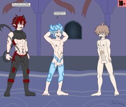 3boys abs blue_body blue_eyes blue_hair blue_skin boots castle castle_background castle_interior cervius cyles_cinning danganronpa ddc demon demon_horns demon_tail gay horns incubus m.u.g.e.n makoto_naegi male male_only master master_and_servant naegi_makoto nipples original original_artwork original_character original_characters redflash slime slime_boy slime_humanoid tail text text_box
