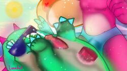 beach brawl_stars bulge buzz_(brawl_stars) cum cum_on_face dildo dinosaur doug_(brawl_stars) gay_sex genital_slit green_scales inflatable_toy lovabot male nipples pink_scales scales sky sunglasses sunglasses_on_face supercell_(company) tail