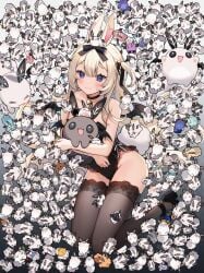 ahoge animal_ears bare_shoulders bird blonde_hair blue_eyes blush bow bunnysuit chick choker closed_mouth female hair_between_eyes hairband hairbow holding long_hair looking_at_viewer lying on_side ribbon smile solo tail thighhighs vyugen yenko yenkoes