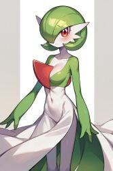 ai_generated blush breasts collarbone female gardevoir gen_3_pokemon green_hair navel no_humans pokemon_(creature) red_eyes short_hair smile solo standing white_skin
