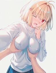 1girls ahoge ai_generated arcueid_brunestud aroused blonde_hair grabbing_breasts grope groping groping_breasts holding_breast large_breasts looking_at_viewer melty_blood nipple_bulge one_eye_closed pleasure_face red_eyes short_hair sweater tsukihime turtleneck_sweater white_sweater
